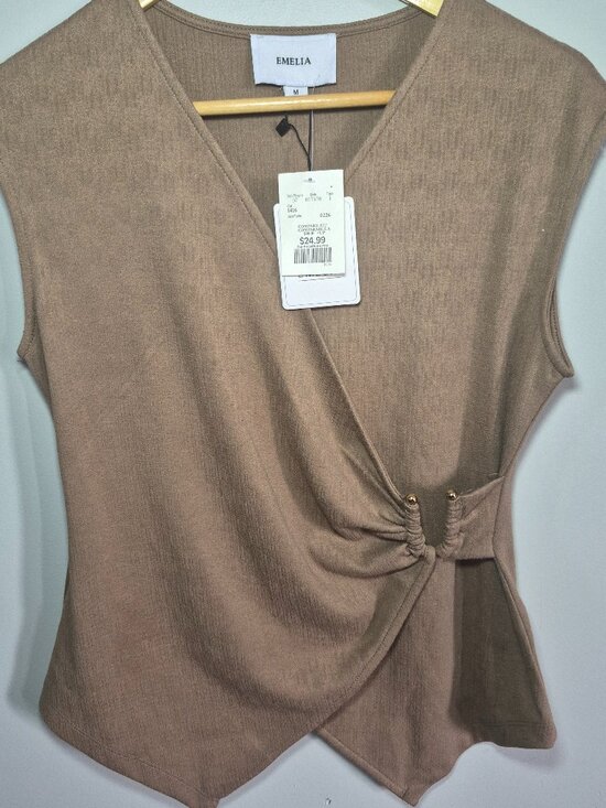 Emelia Tops - Emelia Taupe Wrap Sleeveless Top Women's Medium Ruched V-Neck Blouse NWT